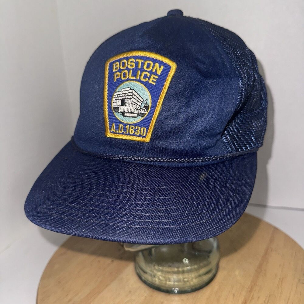 Vintage Boston Police Trucker Hat Made Korea Mesh Snapback Cap 80s 90s AD 1630